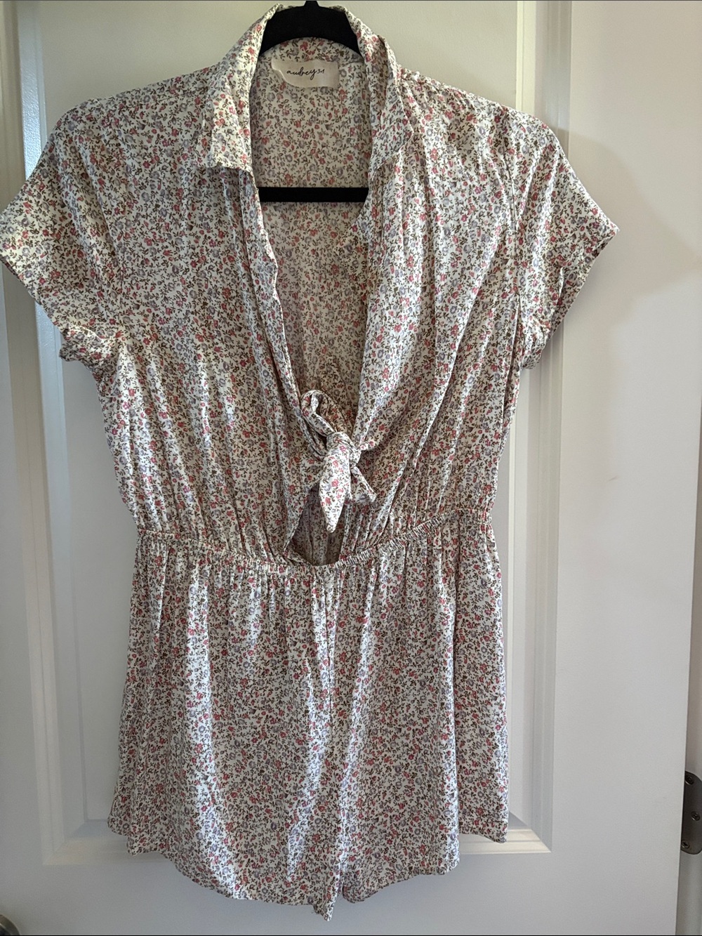 Tie-Front Floral Romper in White with Pink and Green Accents